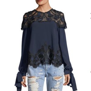 High-Neck Long-Sleeve Crepe Blouse w/ Lace Guipure Johnathan Simkhai